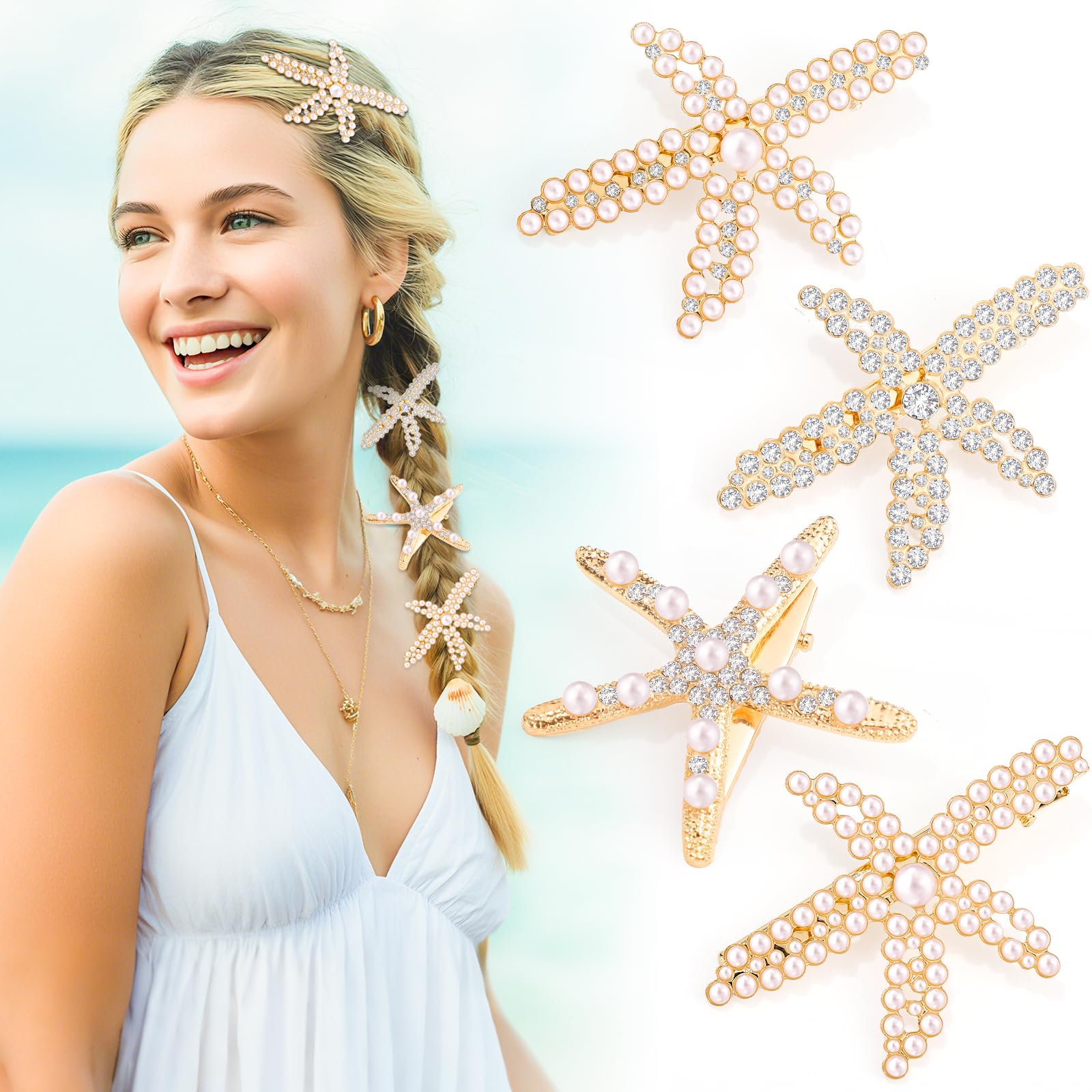 Photo 1 of 4Pcs Starfish Hair Clips, Rhinestone Pearls Hair Clips for Women Girls Beach Hair Accessories