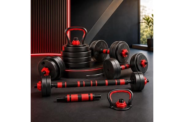Kit Halteres Ajustável 6 em 1 15kg Multifuncional com Barra, Kettlebell e Suporte para Flexões | Musculação Completa para Cas