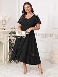 HICISI Plus Size Summer Dress V Neck Smocked High