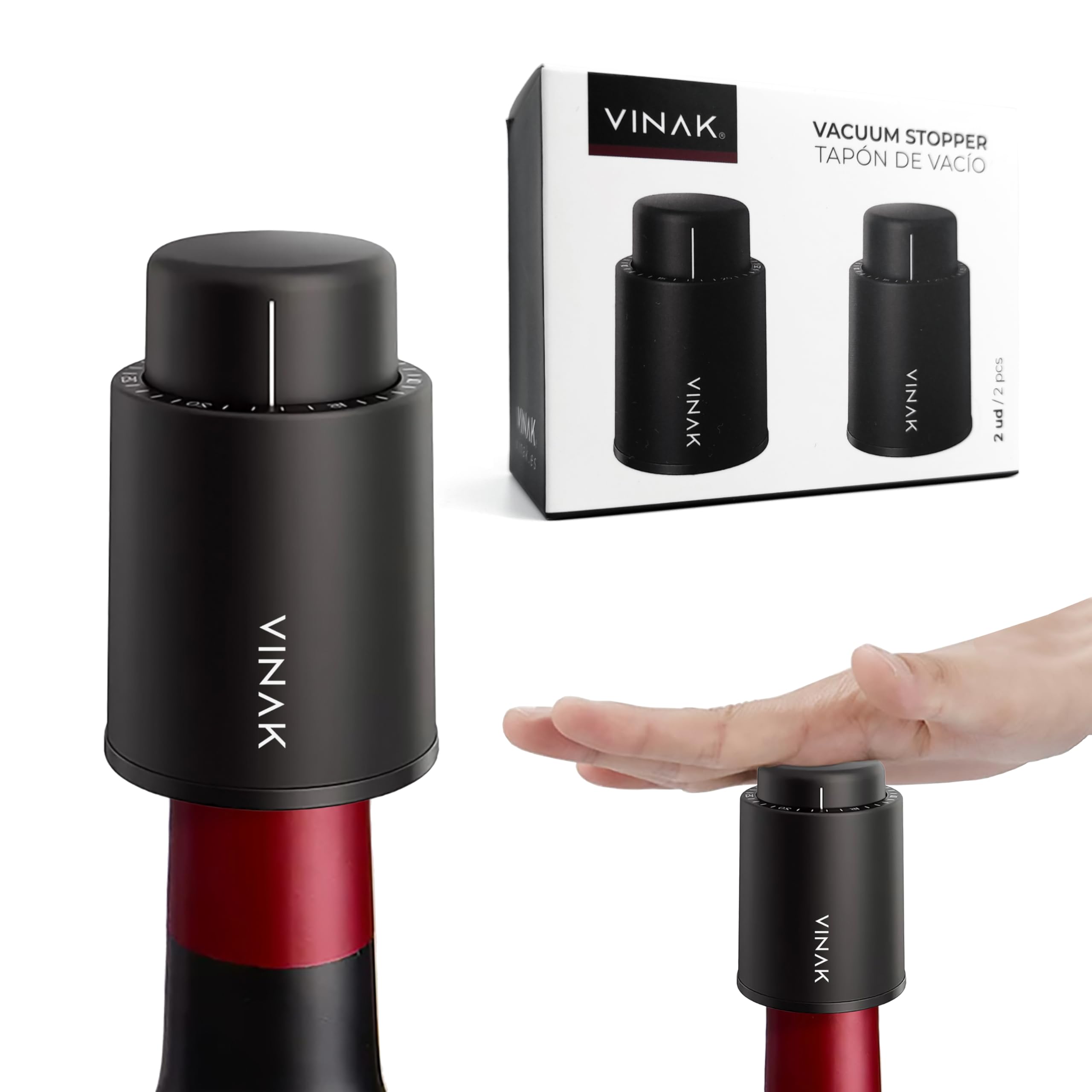 VINAK - (2 Pack) Vacuum Wine Stopper with Date Marker | Wine Preserver Pumps & Reusable Bottle Sealers | Keep Wine Fresh Gift Set