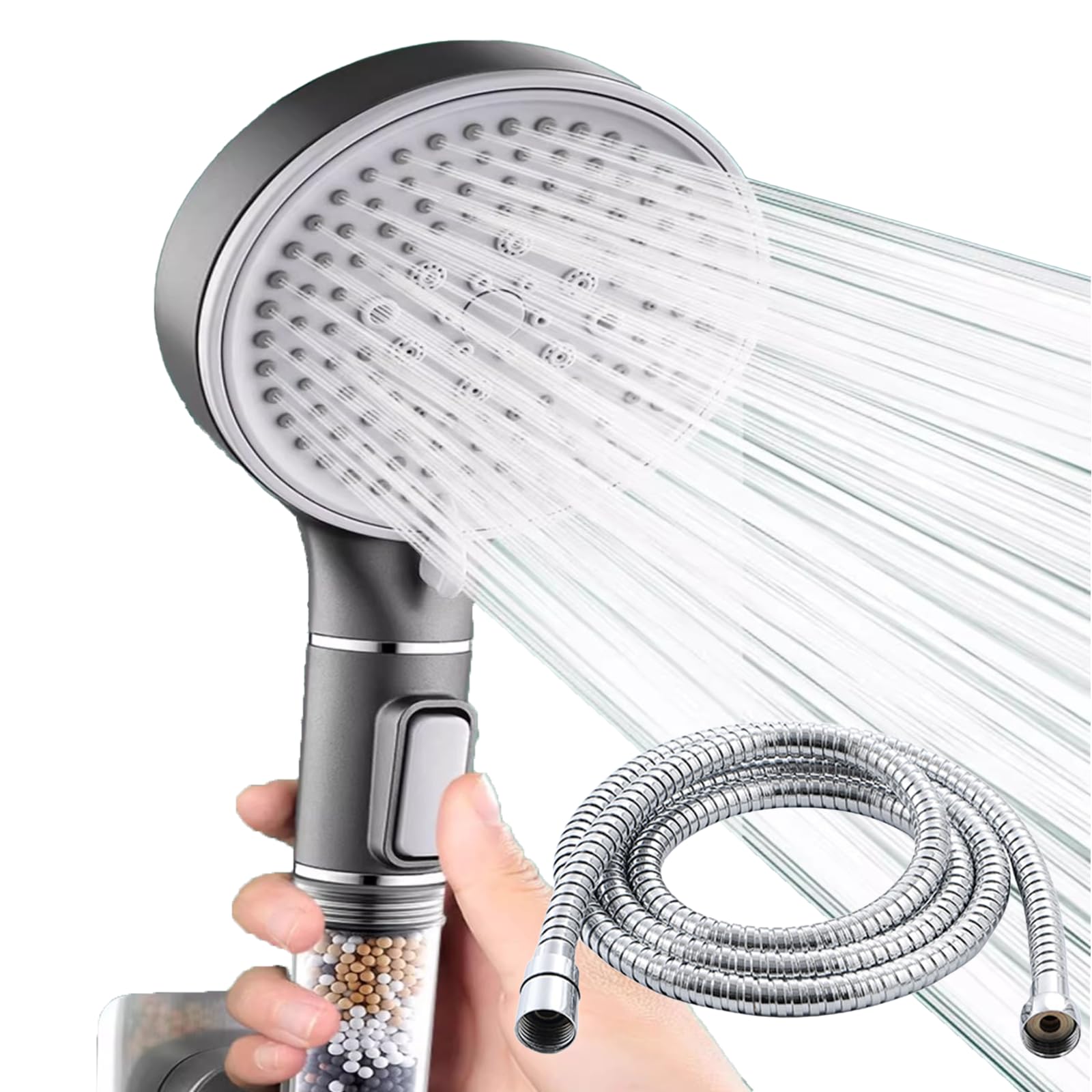 Bokaiya Shower Head and Hose 1.5M, High Pressure Filter, 5 Modes, Universal Hard Water Softener, Rainfall Shower Head, Adjustable Massage Spa (Gray)