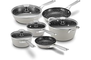 BEZIA Pots and Pans Set Nonstick, Induction Cookware Sets 10 Piece, Compatible with All Stoves, Dishwasher Safe Kitchen Cooking Pan Set with Frying Pans, Saucepans & Stockpot, Grey