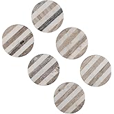 GoCraft Handcrafted Marble Round Coasters with Striped Inlay - Set of 6 White & Grey Marble Coasters for Wine Glasses, Drinks & Beverages, Stylish Barware & Home Decor for Dining & Entertaining