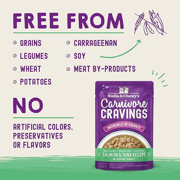 STELLA & CHEWY’S CARNIVORE CRAVINGS MORSELS & GRAVY SALMON & TUNA RECIPE WET CAT FOOD POUCHES – (2.8 OUNCE POUCH, CASE OF 12)