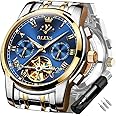 OLEVS Mens Watch Automatic Mechanical Tourbillon Self Winding Blue Dial Luxury Stainless Steel Date Calendar Week Waterproof Luminous Wrist Watch