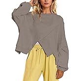 MISSACTIVER Women’s Crew Neck Cropped Sweatshirt Oversized Long Sleeve Ribbed Pullover Top Asymmetrical Hem Fall Outfit