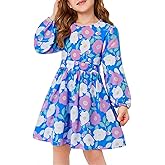 Haloumoning Girls Cute Long Sleeve Fall Dress Kids Floral Holiday Party Smocked Waist A Line Midi Dresses 5-14 Years