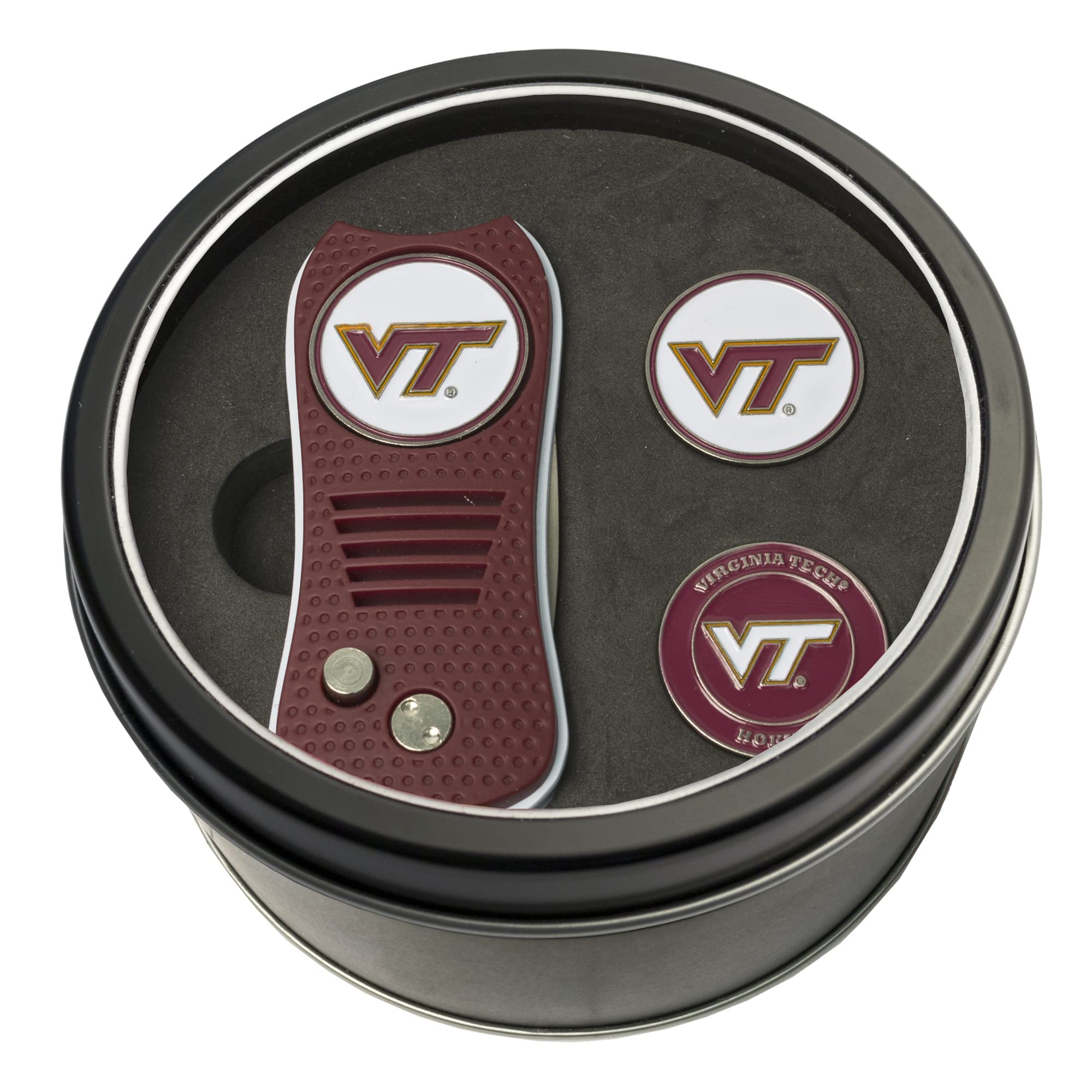 Team Golf NCAA Virginia Tech Hokies 2 Ball Markers Tin Gift Set with Retractable Divot Tool and 3 Double-Sided Magnetic Ball Markers, Patented Single Prong Design, Causes Less Damage to Greens