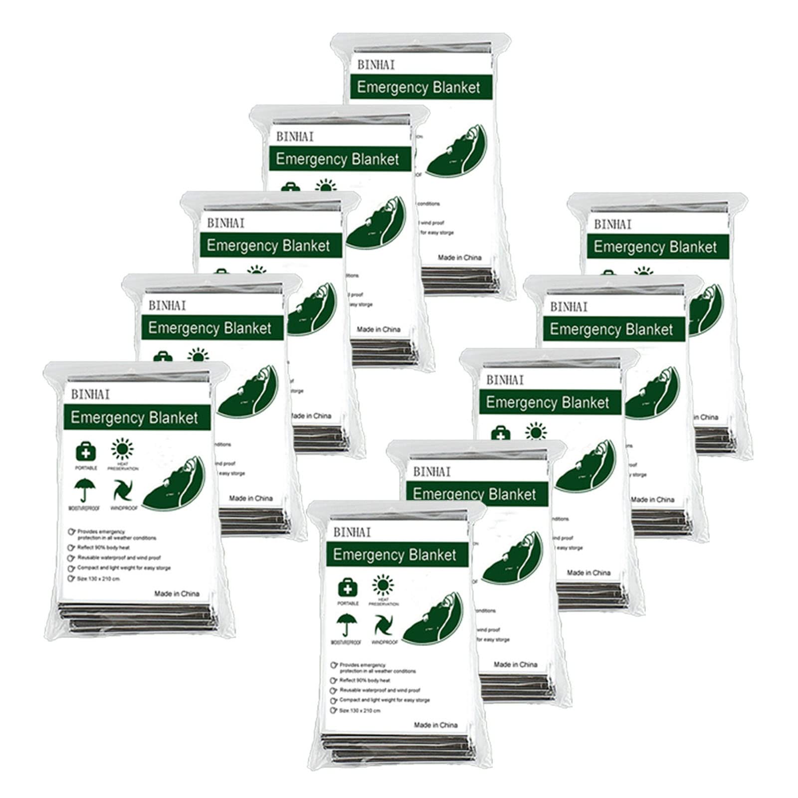 BINHAI Emergency Thermal Blankets Survival Reflective Thermal First Aid Foil Blanket Baby Sensory for Outdoors, Hiking, Survival, Marathons or First Aid 52" x 83" (10-Pack)