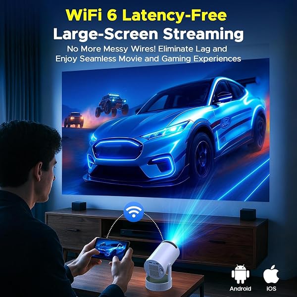 MINI PROJECTOR WITH WIFI AND BLUETOOTH, SUPPORT 1080P 4K PORTABLE MOVIE PROJECTOR BUILT-IN RECHARGEABLE BATTERY, AUTO KEYSTONE, 220° ROTATION, COMPATIBLE WITH IPHONE/ANDROID/TV STICK/HDMI/USB