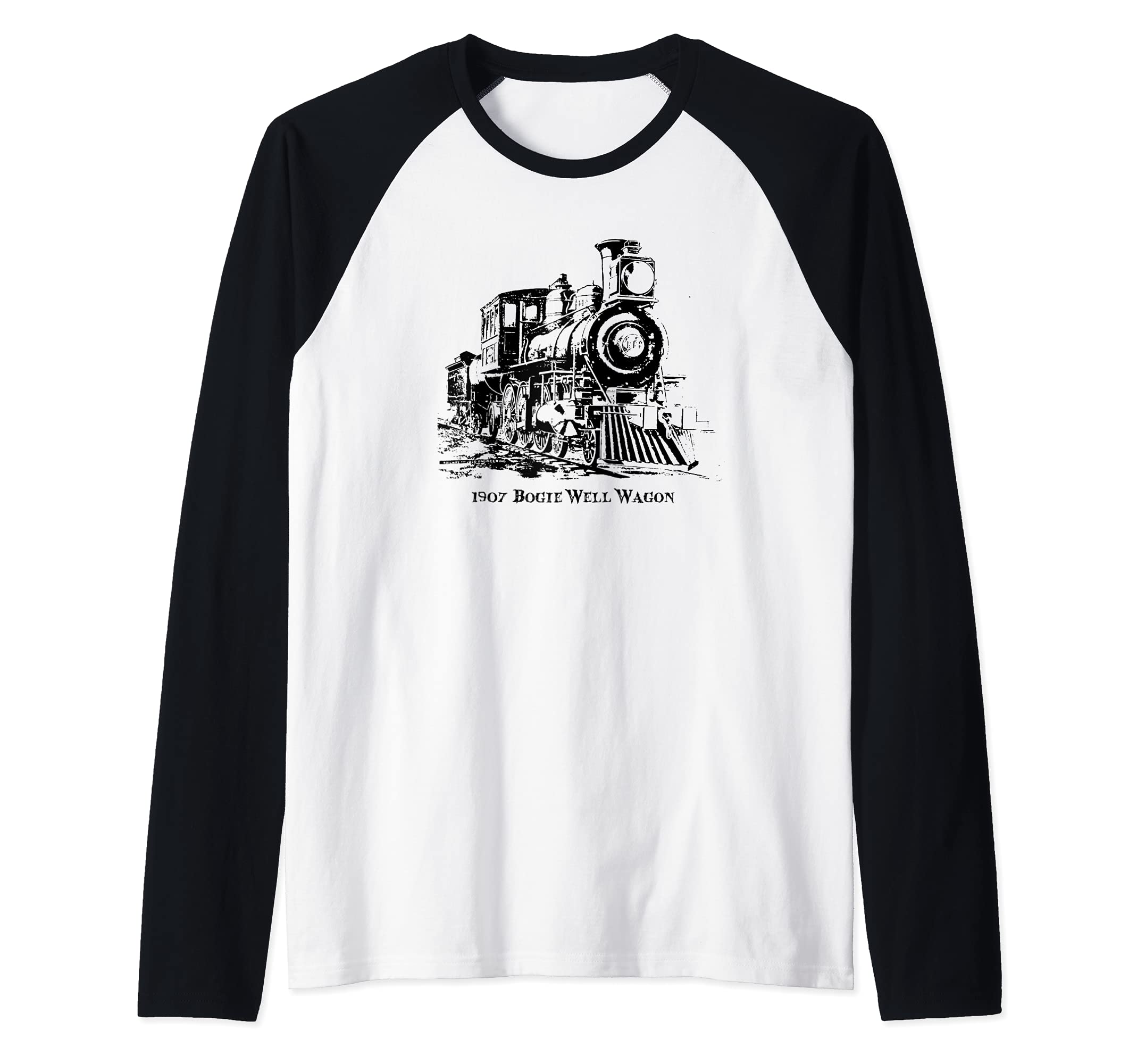 Vintage Locomotive Train Railroad Bogie Well Wagon 1907 Raglan Baseball Tee