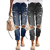 PerZeal Women's Jeans Comfy Stretchy Ripped Skinny Mid Waist Destroyed Denim Pants (Pack of 2) Grey&Dark Blue Large
