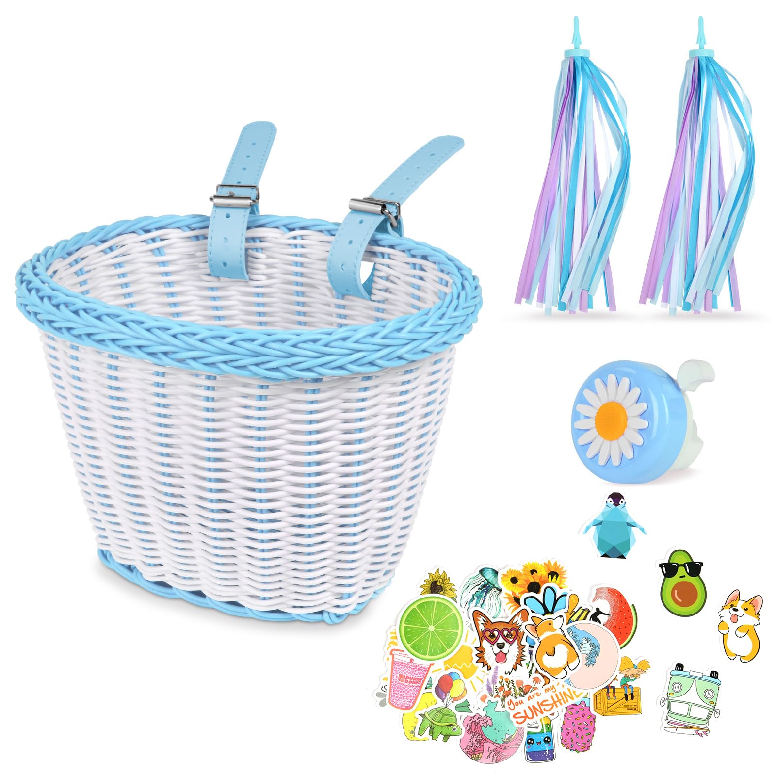 Flintronic Kids Bike Basket Handwoven Cycle Basket for Kids, Bicycle Basket For Girls Boys Childs, with Bike Accessories - Blue&White