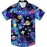 RAISEVERN Boys Button Down Shirts Hawaiian Cartoon Print Slim-Fit Short Sleeve Cool Dress Shirt Cute Top for Kids(2-10T)
