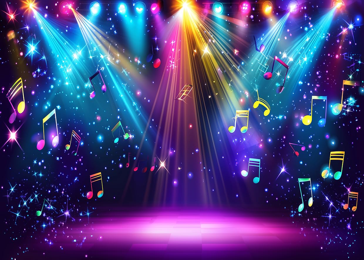 Photo 1 of AIIKES 7x5ft Rainbow Stage Photography Backdrop1980s Colorful Disco Backdrop Rock Music Glow Neon Dance Birthday Party Decorations Backdrop XY142
