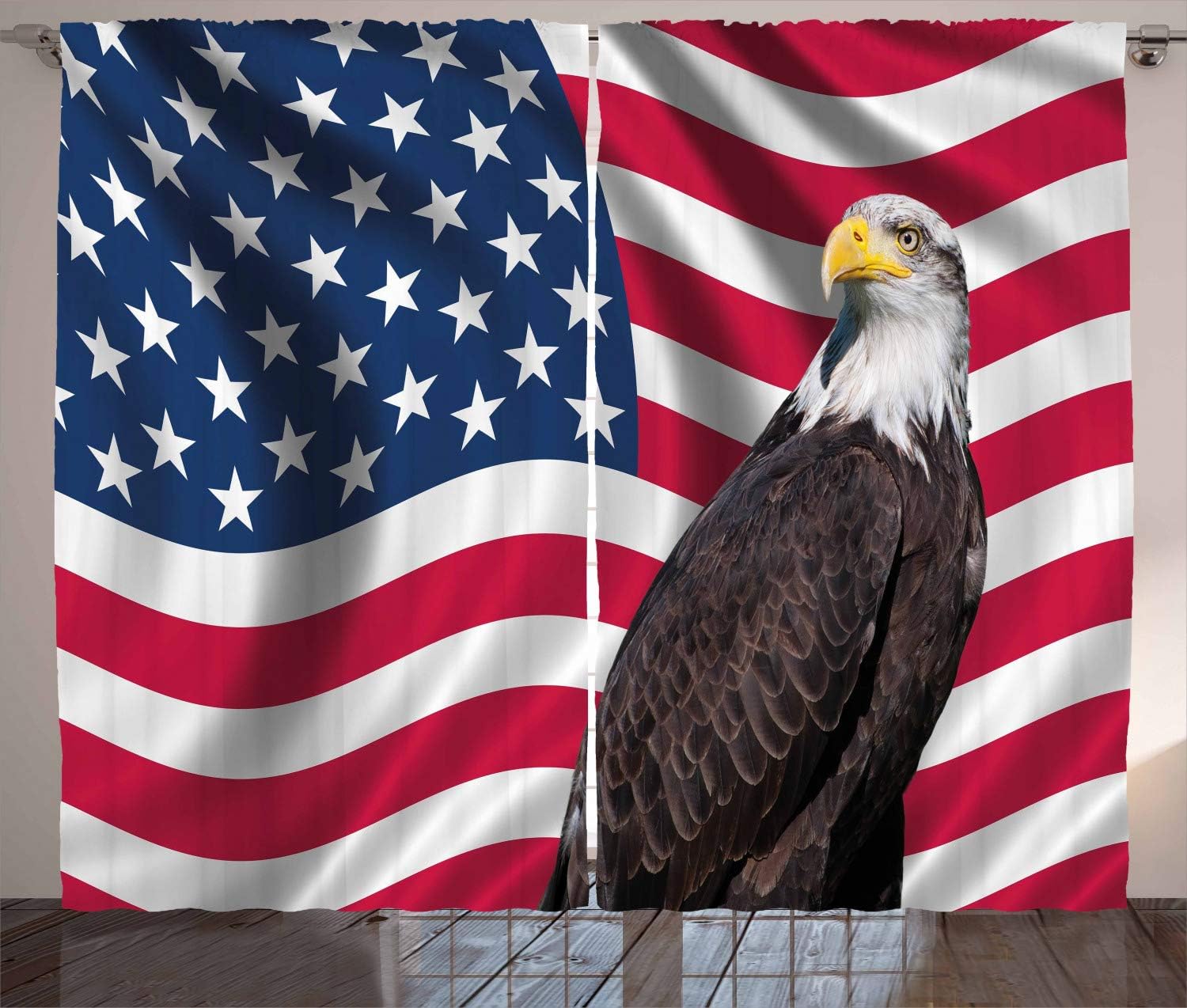 Ambesonne Eagle Curtains, American Flag with a Bald Eagle USA Theme Image Print Old Glory Background and Bird, Living Room Bedroom Window Drapes 2 Panel Set, 108" X 108", Red Blue