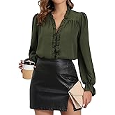 ZIMSSI Womens Ruffle Dressy Blouses V Neck Long Puff Sleeve Retro Pleated Office Shirts Tunic Tops