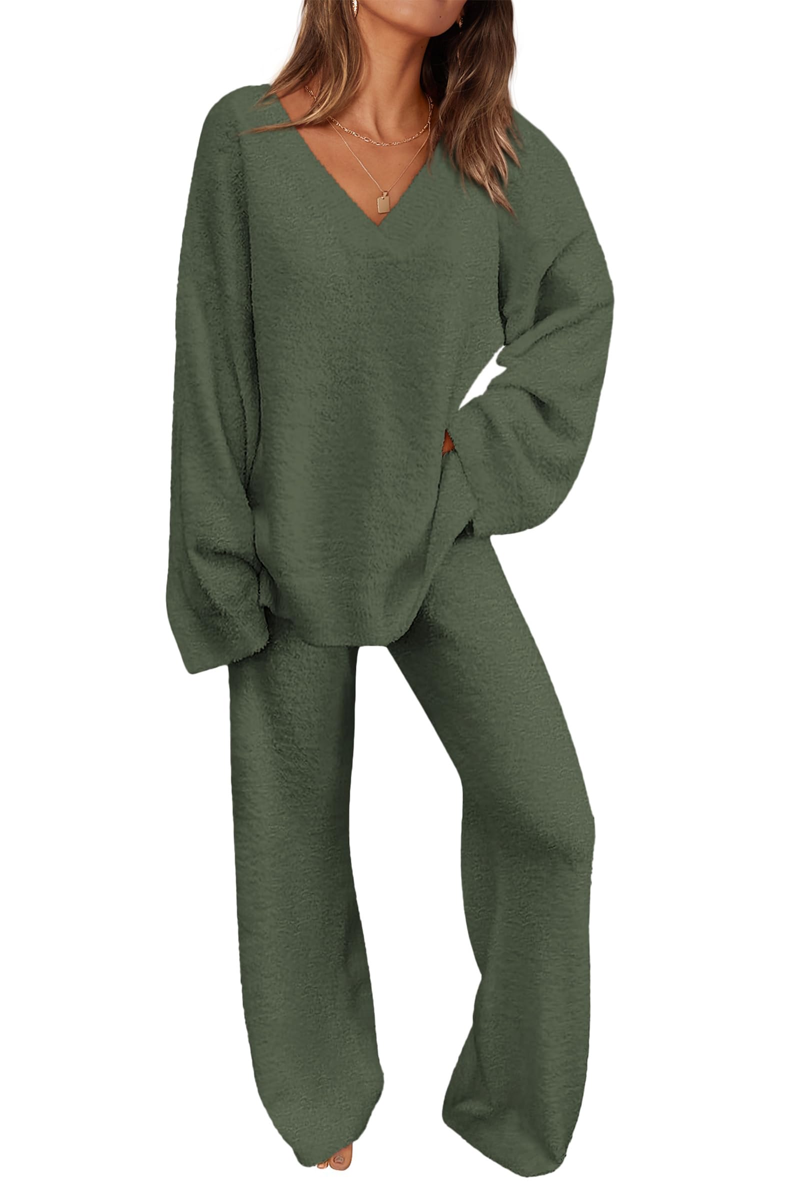 Photo 1 of PRETTYGARDEN Lounge Sets for Women Two Piece Sweaters Pajama Set Fall Fashion 2025 Loungewear Outfits Matching Winter Clothes (Army Green,Small)