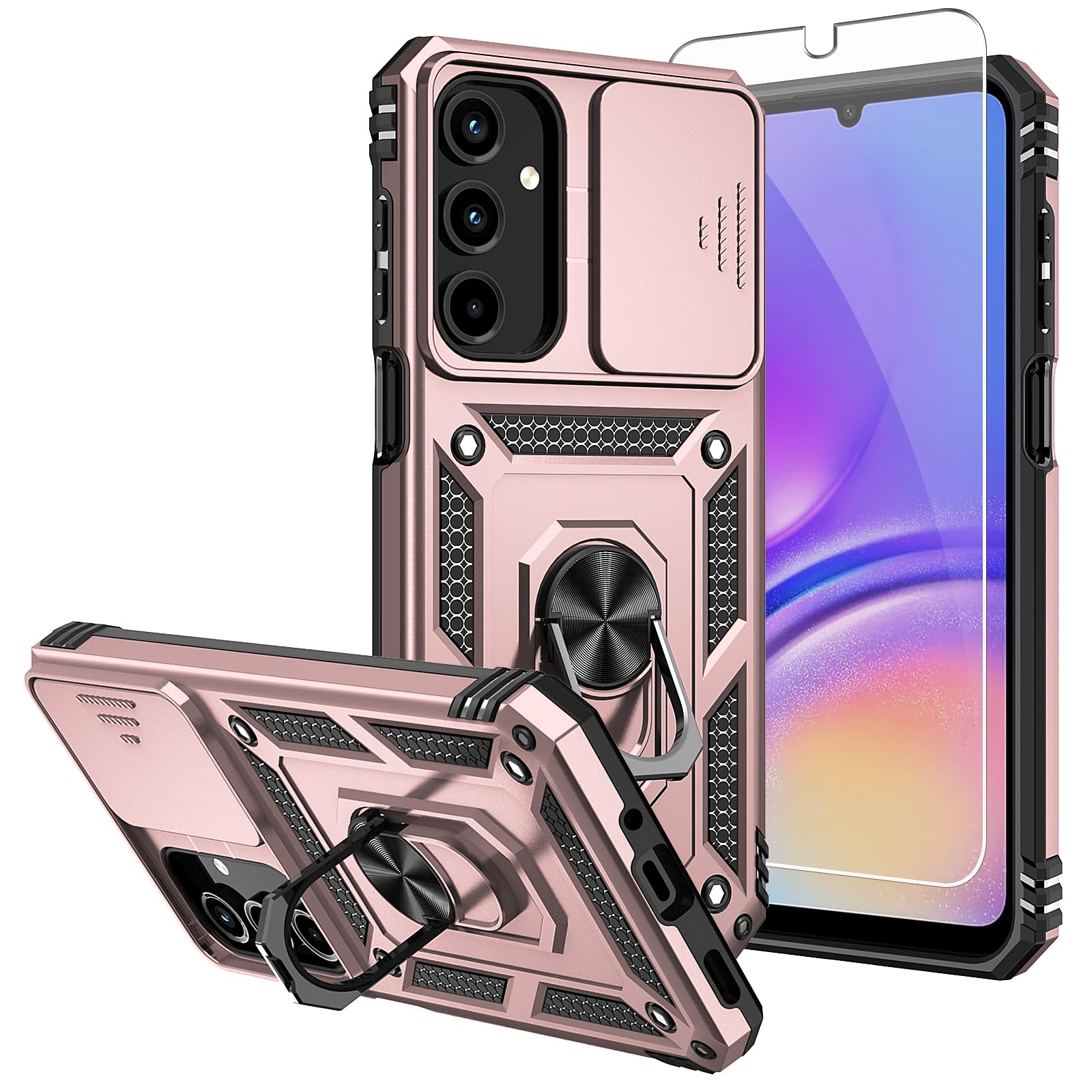 for Samsung Galaxy A16 5G Case,with Screen Protectors and Camera Cover,[Military Grade] 16ft.Drop Tested Cover with Magnetic Kickstand Protective Case for Samsung A16 5G, Rose Gold