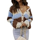 Women Striped Chunky Cardigan Sweaters Color Block Long Sleeve Open Front Cable Knit Cardigan Oversized Knitted Outwear