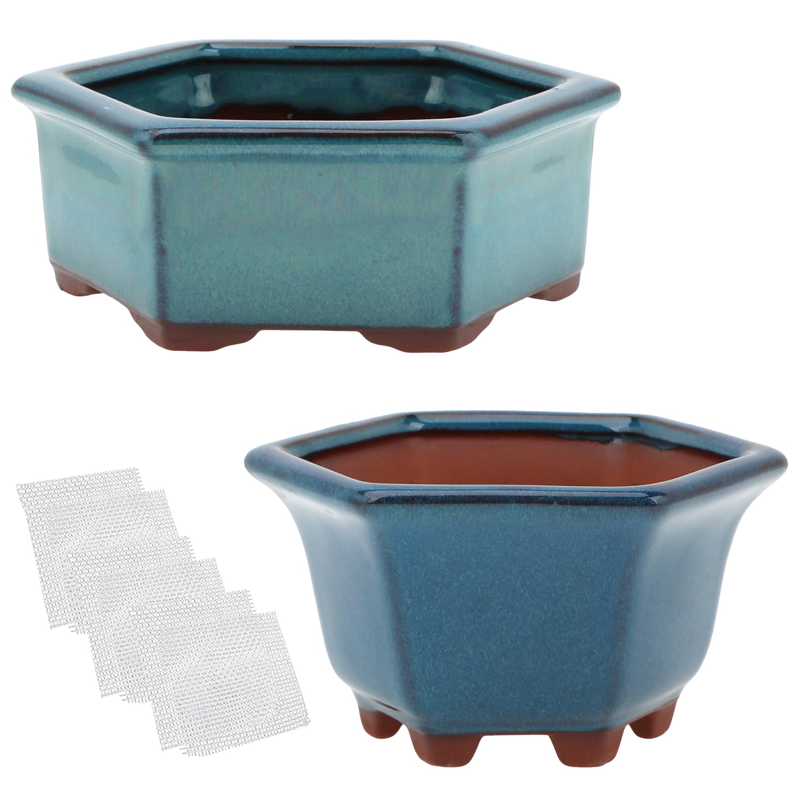 happy bonsai 2pc Small Glazed Pots 4.9" and 6.1" + 6 Soft Mesh Drainage Screens