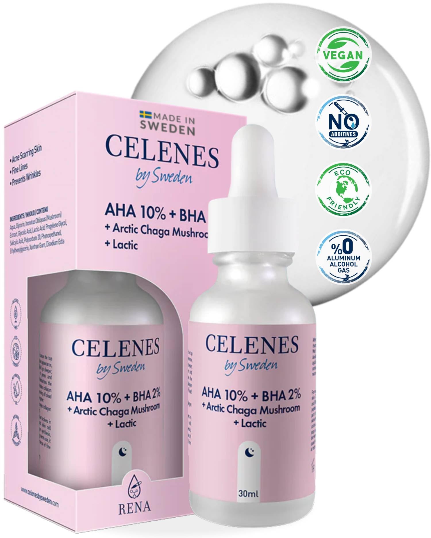Celenes AHA 8%+BHA 2% + A.Chaga Mushroom & Lactic Acid Serum - Fragrance-Alcohol-Paraben-Free Face Serum for Women & Men - AHA - BHA Exfoliator & Acne Serum, Exfoliant & Night Face Peel, 30ml — image 1