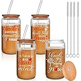 Zubebe 4 Pcs 16 oz Valentine Tumbler Gifts for Women Teacher Appreciation Gifts Thank You Coffee Cup Tumbler Drinking Glass Beer Cups with Bamboo Lids Glass Straw Cleaning Brush for Employee(Classic)