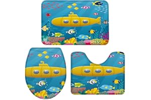 Queenker 3 Pieces Bath Rug Set Toilet Seat Cover Yellow Cartoon Submarine Print Contour Rug, Pedestal Mat and Toilet Lid Cover，Non-Slip Bathroom Floor Mat 20''x31''+16''x18''+16''x20''