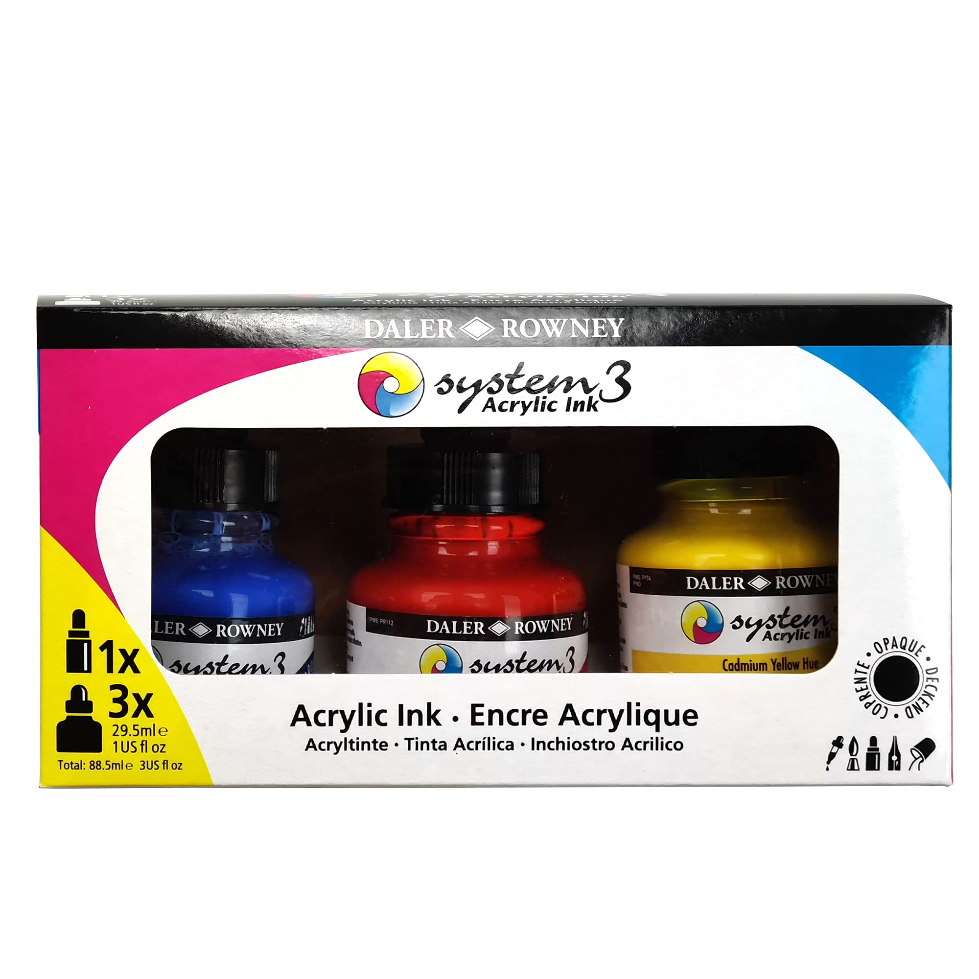 Daler-Rowney System3 Acrylic Ink Set, 3 x 29.5ml Bottles & 1 FW Mixed Media Marker, Assorted Colours, For Professional Artists & Students