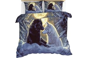 Wolf Duvet Cover Twin Size, Black White Wolf Comforter Cover 68" x 90", Snow Forest Wolves Bedding Set with 2 Pillowcases