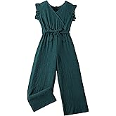 WDIRARA Girl's Ruffle Trim Wrap V Neck Cap Sleeve Cute Jumpsuit Belted Wide Leg Pants