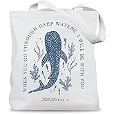 LADOCK Christian Whale Shark Tote Bag, Isaiah 43:2 Bible Verse Canvas Tote Bags for Women, Gifts for Beach Lovers, Religious Coastal Reusable Grocery Shopping Bags