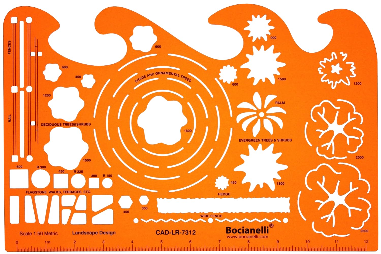 Bocianelli 1:50 Scale Landscape Design Plastic Stencil with Garden Plants Symbols, 25.5 x 17 cm