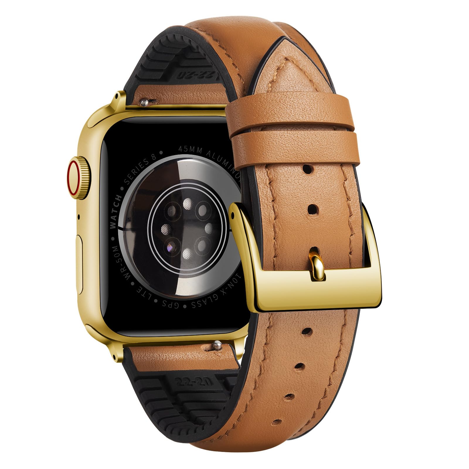 BINLUN Compatible with Apple Watch Bands Leather Soft Silicone Inner Hybrid Sweatproof 38mm 40mm 41mm 42mm Watch Strap for iWatch Ultra SE Series 11/10/9/8/7/6/5/4/3/2/1(Gold Buckle,Light Brown)