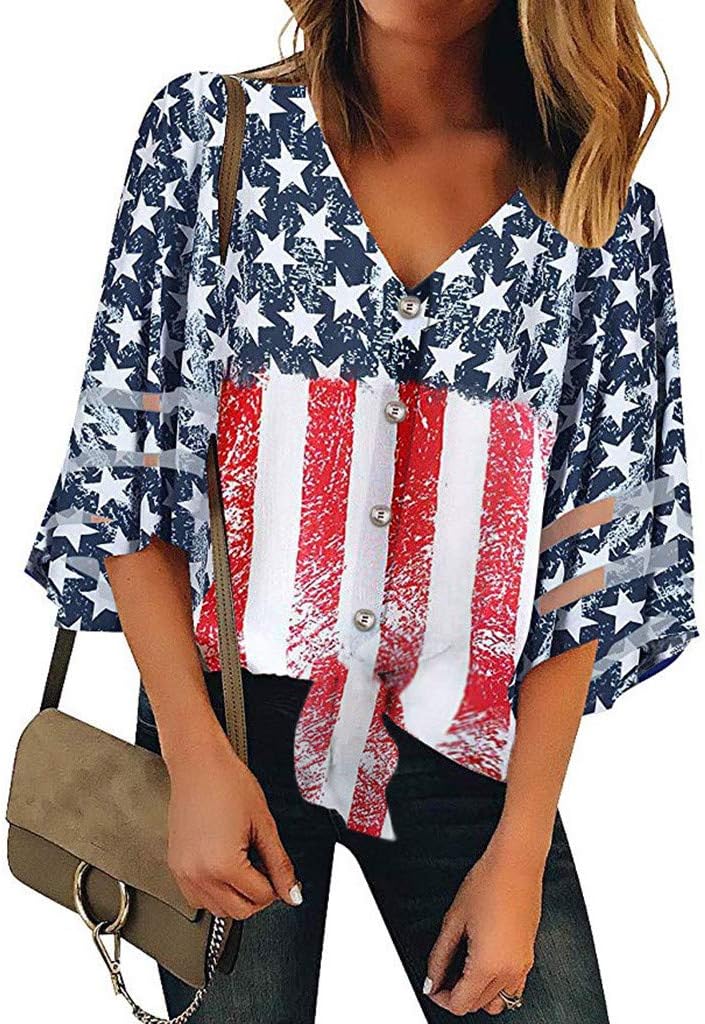Misaky Women's American Flag Off Shoulder Mesh Panel Blouse 3/4 Bell Sleeve Top Shirt