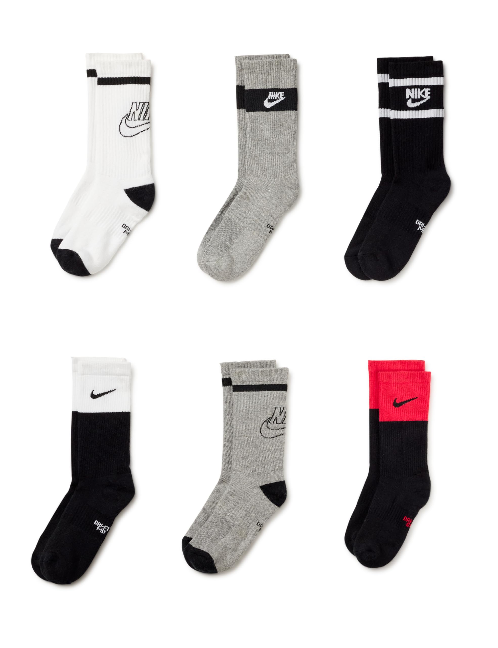 Photo 1 of Nike Unisex Kids Everyday Cushioned Crew Socks (6 Pairs), White/Black/Grey, Medium