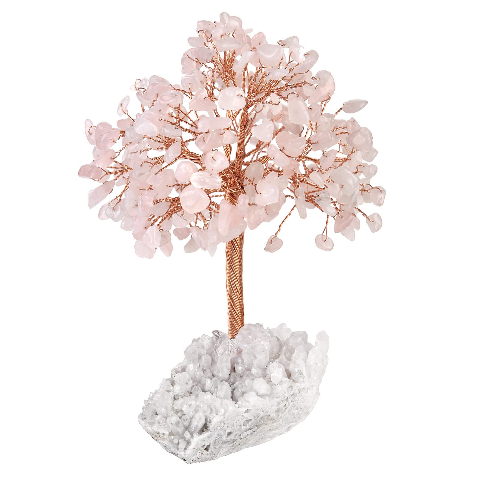 mookaitedecor Natural Pink Rose Quartz Crystal Tree of Life Ornament for Home, Reiki Healing Crystal Money Tree Stone Bonsai Tree with Clear Quartz Base Feng Shui Ornament Gift for Wealth Good Luck