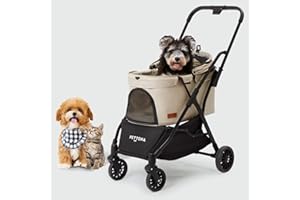 PETTENA Foldable Pet Stroller,4 Wheels Pet Strolling Cart for Small Dogs Cats up to 44 Lbs, Pet Travel Carrier Strolling Cart with Storage Basket, Portable Dog Cat Stroller with Breathable Mesh, Khaki