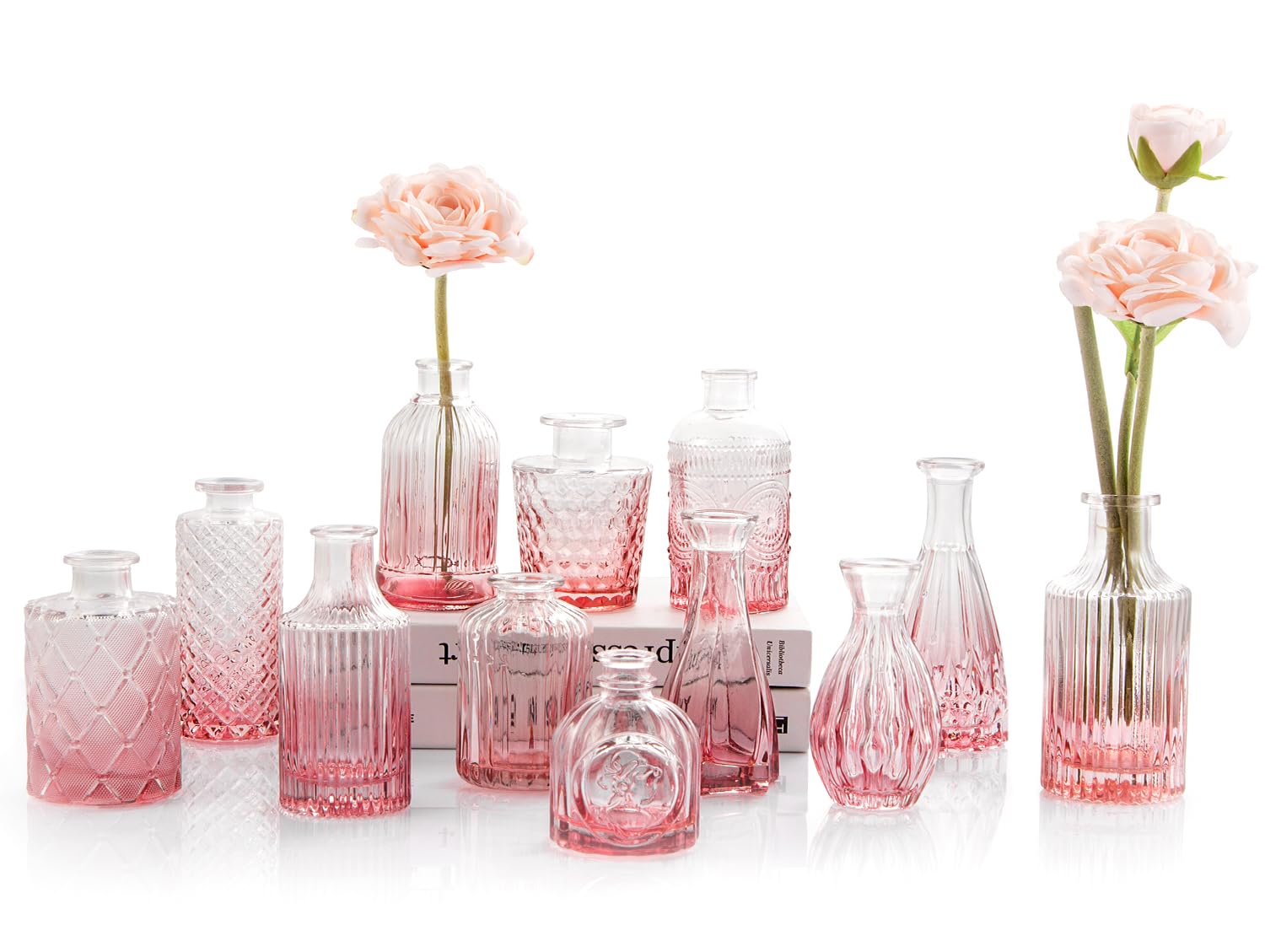 Photo 1 of TBWIND Pink Glass Bud Vases Set of 12, Vintage Mini Vases for Centerpieces, Glass Bud Vase in Bulk for Wedding Decor, Single Flowers, Office and Home Table Flower Décor