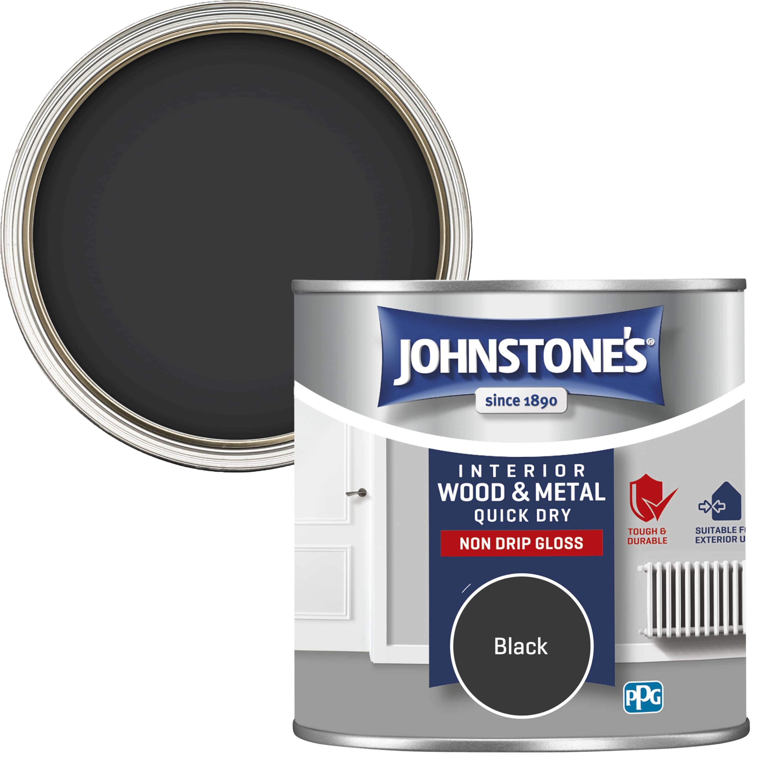 Johnstone's - Wood & Metal Paint - Gloss Finish - Black - 250ml - Water Based - Non Drip & Quick Drying - Radiator Paint - Low Odour - Dry in 1-2 Hours - 8m2 Coverage per Litre