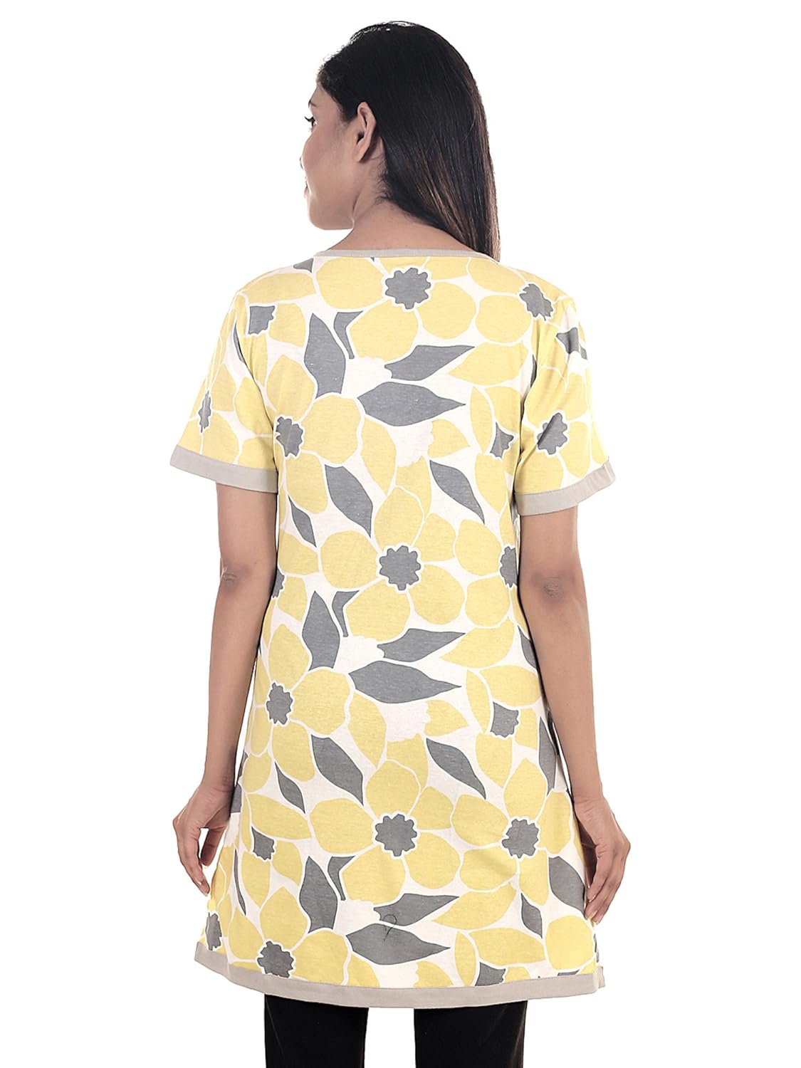 9teenagain women's cotton knitted nightwear top(yellow & grey printed)