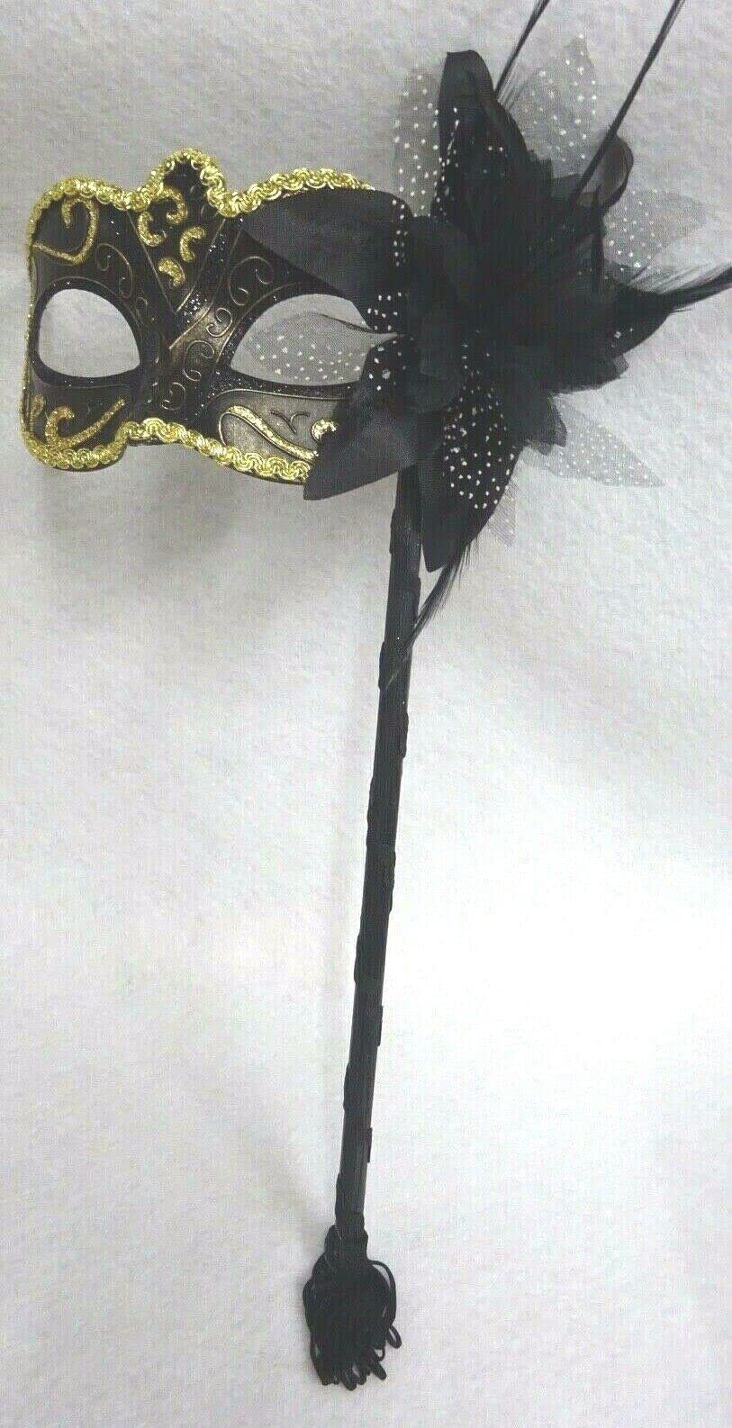 VENETIAN MASQUERADE PARTY EYE MASK ON A STICK BLACK BRONZE & GOLD WITH FLOWER