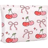 Ksriylm Red Bow Pink Cherry Makeup Pouch for Women Small Make Up Cherries Pattern Bag for Purse Zipper Initial Makeup Cosmetic Bags Pouches for Purse Aesthetic Travel Toiletry Bags Gift