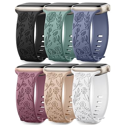 SNBLK Apple Watch Band 6 Pack Floral Engraved Silicone Sport Wristbands for Women, 38mm-49mm, Rose and Sunflower Design, Water Resistant, Flexible Fit