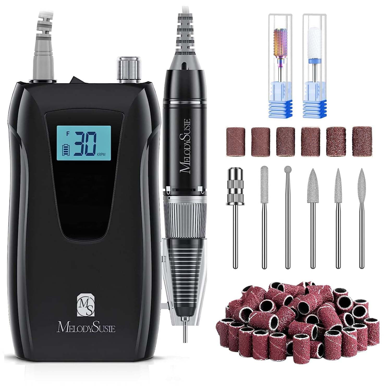 MelodySusie Professional Nail Drill 30000RPM, SC320D Rechargeable Electric Nail Drill Machine, Cordless Nail E File for Acrylic Gel Nails, 8pcs Nail Bits 106pcs Sanding Bands, Selene Black
