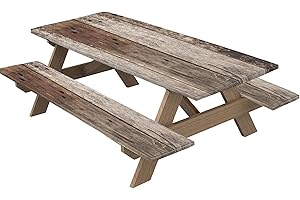 3Pcs/Set 72x30 Inch Fitted Picnic Table Cover with Bench Covers, Windproof Oil & Waterproof Rectangle Table Cover Wood Grain 