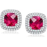 RANDES Dainty Birthstone Earrings for Women Sterling Silver Small Stud Earrings with Halo Cushion/Round Created Gemstone Earrings Birthstone Jewelry
