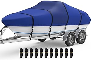RVMasking Boat Cover, 1400D Heavy Duty Middle Reinforced, Waterproof Trailerable with Storage Bag for V-Hull, Tri-Hull, Fish & Ski, Runabout Bass Boat(17'-19'Long, Beam Width up to 96", Blue)