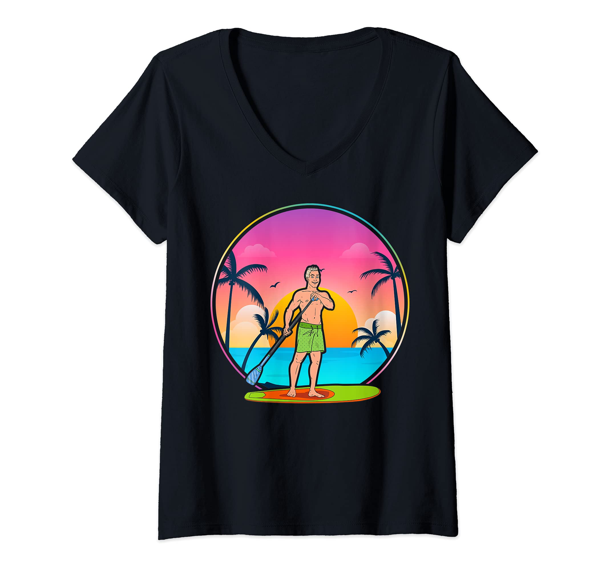 Womens Paddleboarder Sunset SUP Paddleboarding Stand Up Paddling V-Neck T-Shirt