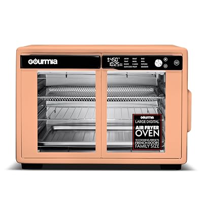 Gourmia French Door Air Fryer Oven - 37 Qt Large Capacity Convection Toaster Oven, FryForce 360°, Digital Display, 12 Cooking Presets, Dehydrate, Fits 13” Pizza, Dishwasher-Safe, Peach